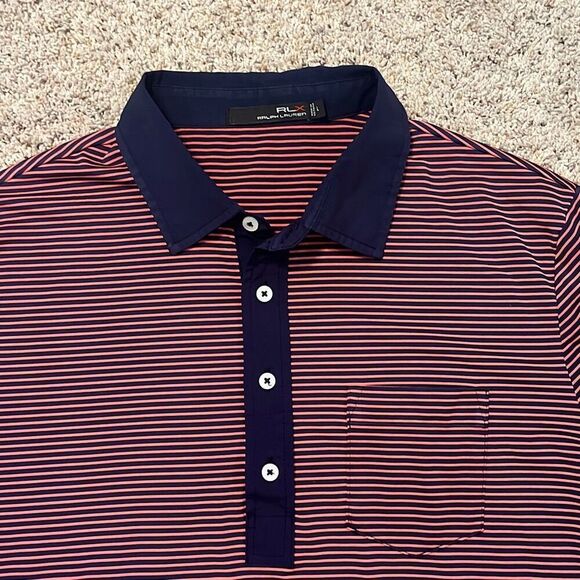 Ralph Lauren RLX Navy & Pink Striped Golf Polo Shirt Large - Picture 2 of 7